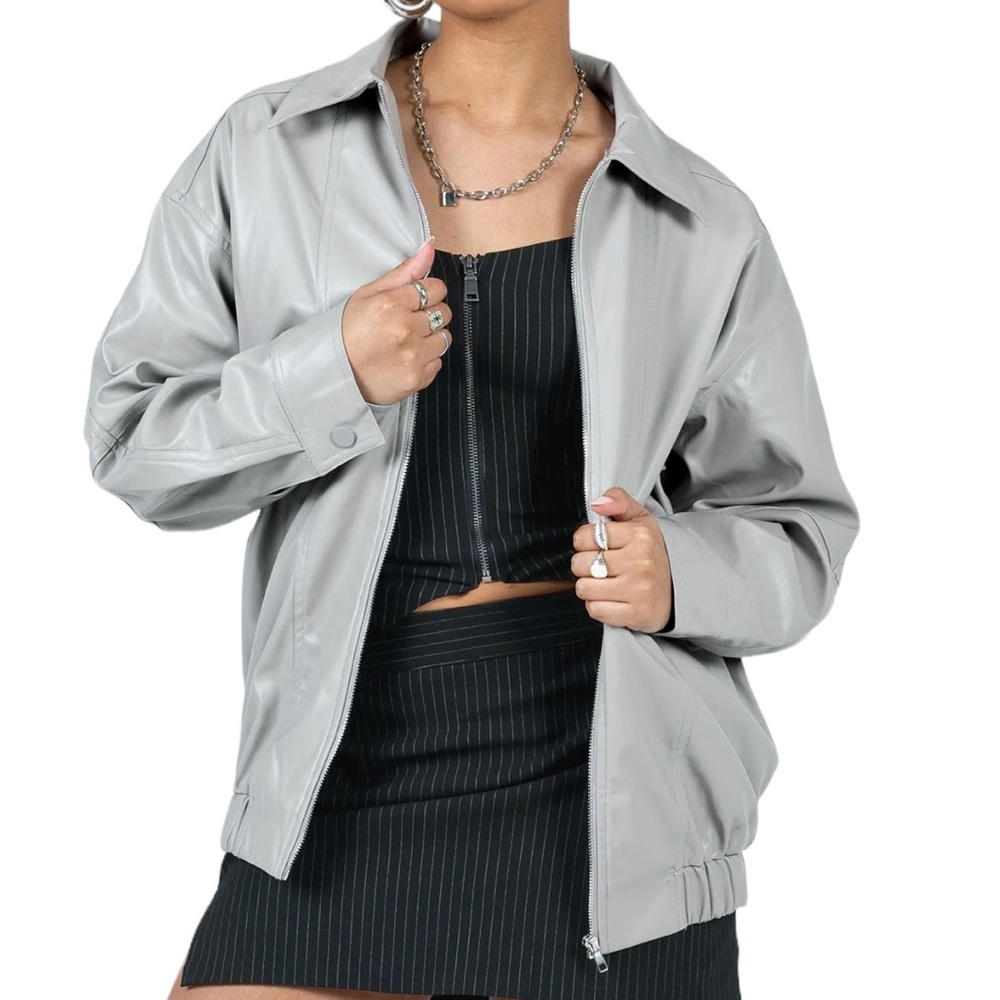 Princess Polly Braelynn faux leather oversized grey bomber jacket